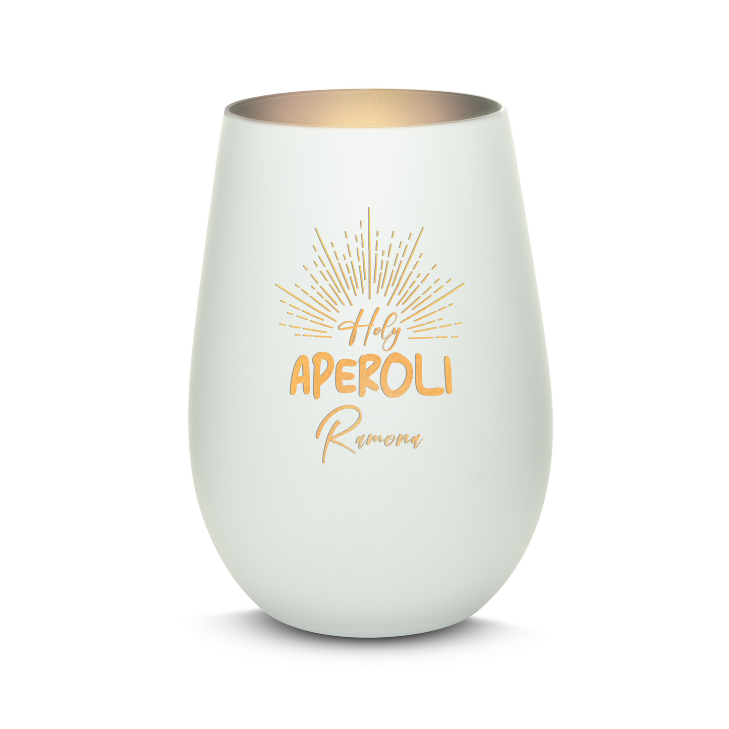 Hochwertiges Glas Windlicht mit Gravur "HOLY APEROLI" mit Wunschname in der Farbe Weiß/Silber