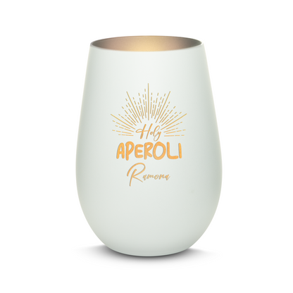 Hochwertiges Glas Windlicht mit Gravur "HOLY APEROLI" mit Wunschname in der Farbe Weiß/Silber