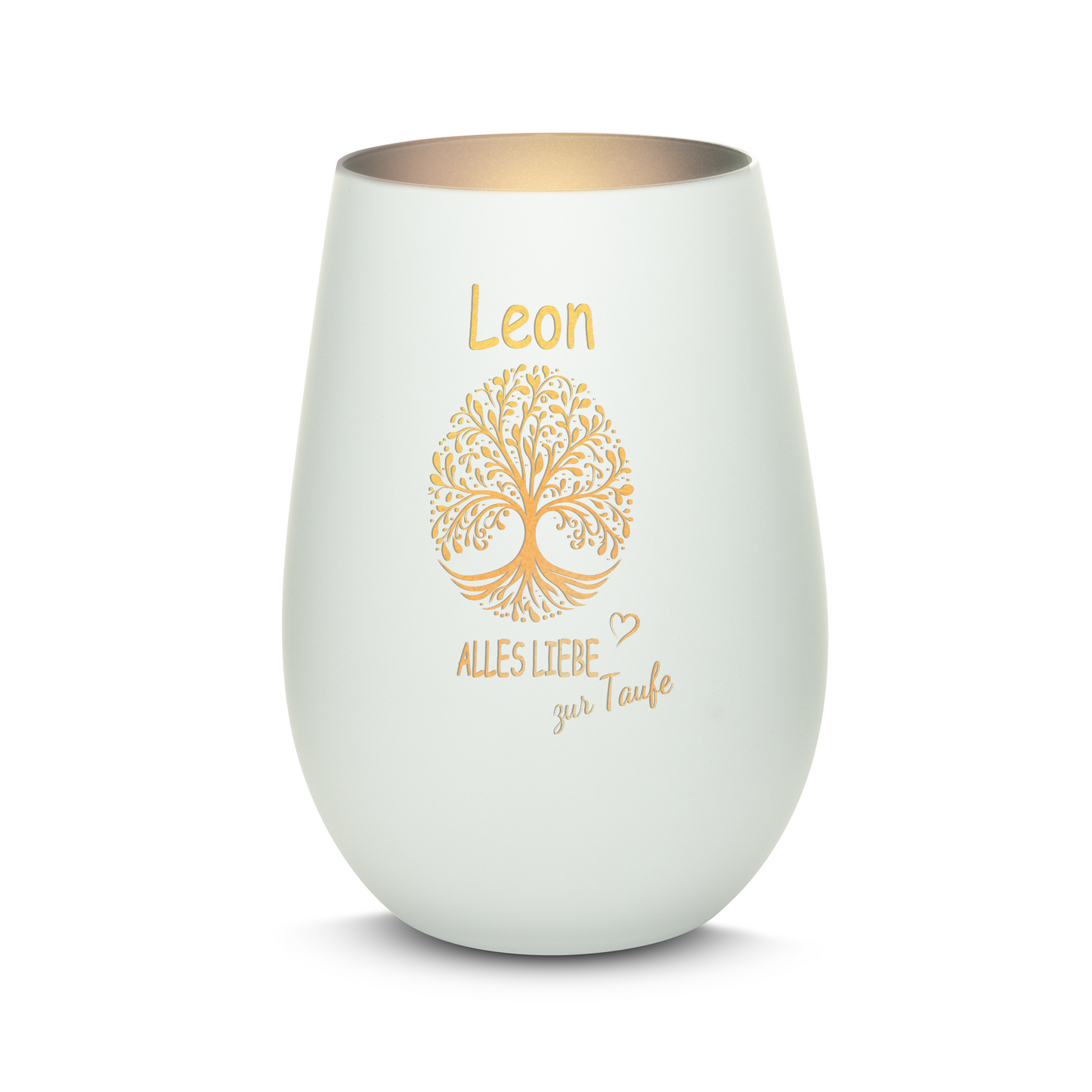 Hochwertiges Glas Windlicht mit Gravur "ALLES LIEBE ZUR TAUFE" mit Wunschname in der Farbe Weiß/Silber