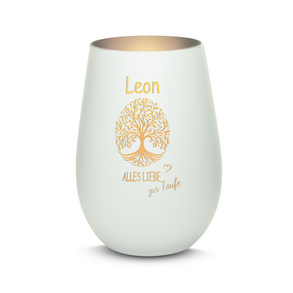 Hochwertiges Glas Windlicht mit Gravur "ALLES LIEBE ZUR TAUFE" mit Wunschname in der Farbe Weiß/Silber