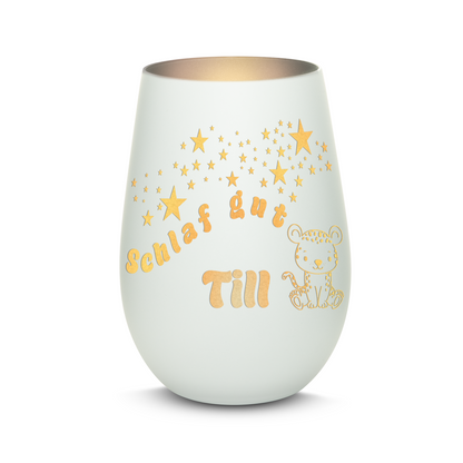 Hochwertiges Glas Windlicht für Kinder mit Gravur "SCHLAF GUT" Motiv Leopard mit Wunschname in der Farbe Weiß/Silber