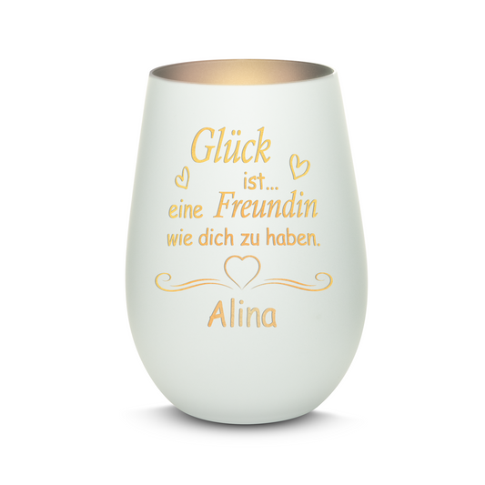 Hochwertiges Glas Windlicht mit Gravur "GLÜCK IST EINE FREUNDIN WIE DICH ZU HABEN" mit Wunschname in der Farbe Weiß/Silber