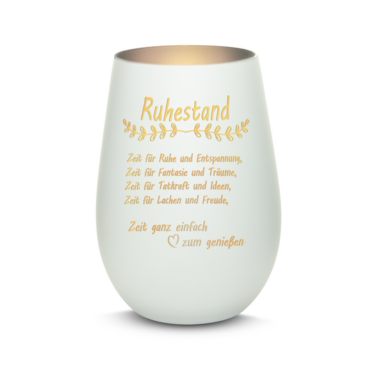 Hochwertiges Glas Windlicht mit Gravur "ALLES GUTE ZUM RUHESTAND" in der Farbe Weiß/Silber