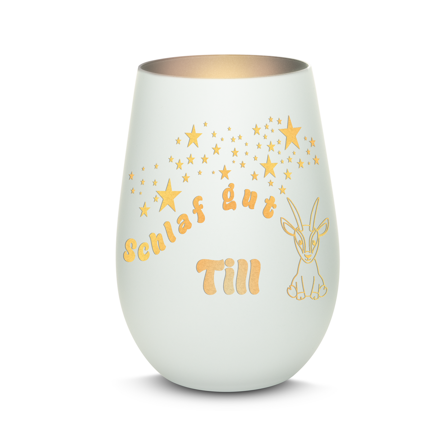 Hochwertiges Glas Windlicht für Kinder mit Gravur "SCHLAF GUT" Motiv Antilope mit Wunschname in der Farbe Weiß/Silber