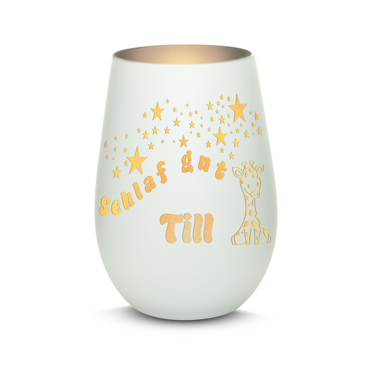Hochwertiges Glas Windlicht für Kinder mit Gravur "SCHLAF GUT" Motiv Giraffe mit Wunschname in der Farbe Weiß/Silber