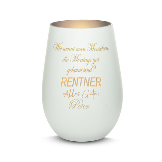 Hochwertiges Glas Windlicht mit Gravur "MONTAGS GUTE LAUNE! RENTNER" mit Wunschname in der Farbe Weiß/Silber