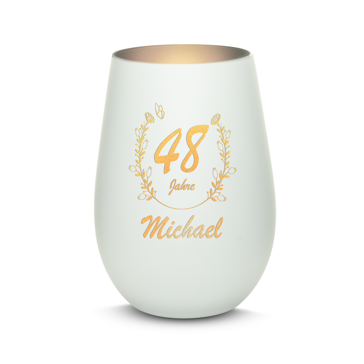 Hochwertiges Glas Windlicht mit Gravur "GEBURTSTAG MIT BLUMENKRANZ" mit Wunschnamen und Datum in der Farbe Weiß/Silber