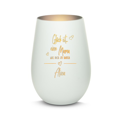 Hochwertiges Glas Windlicht mit Gravur "GLÜCK IST EINE MAMA WIE DICH ZU HABEN" mit Wunschname in der Farbe Weiß/Silber