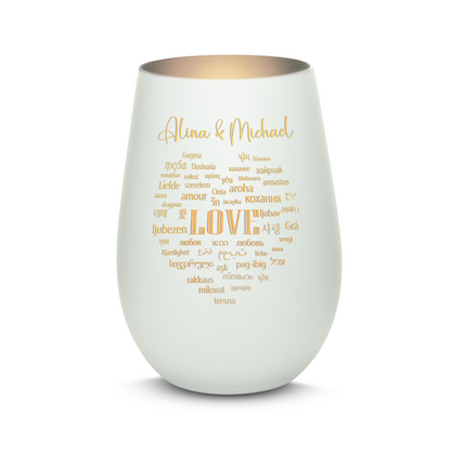 Hochwertiges Glas Windlicht mit Gravur "LIEBE IN ALLEN SPRACHEN" mit Wunschnamen in der Farbe Weiß/Silber