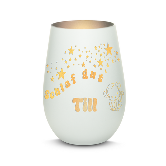 Hochwertiges Glas Windlicht für Kinder mit Gravur "SCHLAF GUT" Motiv Affe mit Wunschname in der Farbe Weiß/Silber