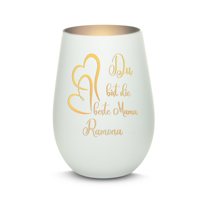 Hochwertiges Glas Windlicht mit Gravur "DU BIST DIE BESTE MAMA" mit Wunschname in der Farbe Weiß/Silber