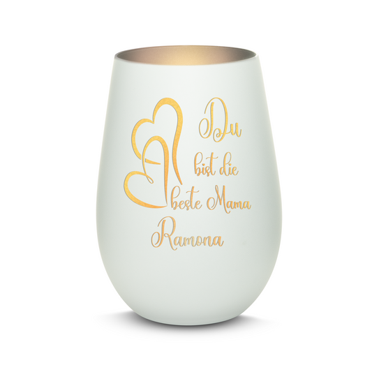 Hochwertiges Glas Windlicht mit Gravur "DU BIST DIE BESTE MAMA" mit Wunschname in der Farbe Weiß/Silber