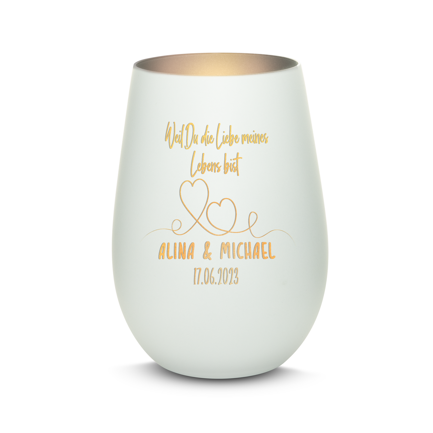 Hochwertiges Glas Windlicht mit Gravur "WEIL DU DIE LIEBE MEINES LEBENS BIST" mit Wunschnamen und Datum in der Farbe Weiß/Silber