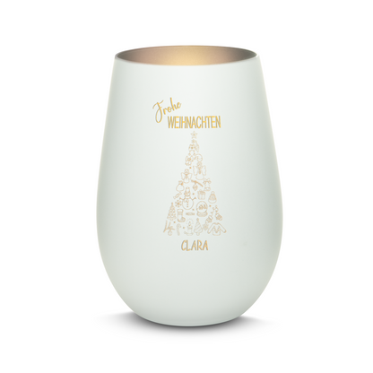 Hochwertiges Glas Windlicht mit Gravur "FROHE WEIHNACHTEN" mit Wunschname in der Farbe Weiß/Silber
