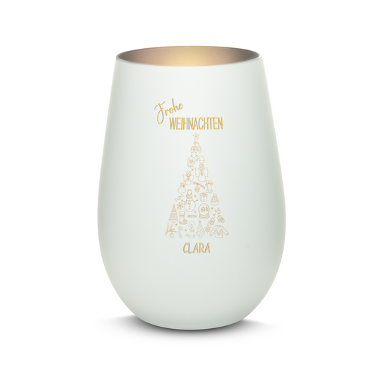 Hochwertiges Glas Windlicht mit Gravur "FROHE WEIHNACHTEN" mit Wunschname in der Farbe Weiß/Silber