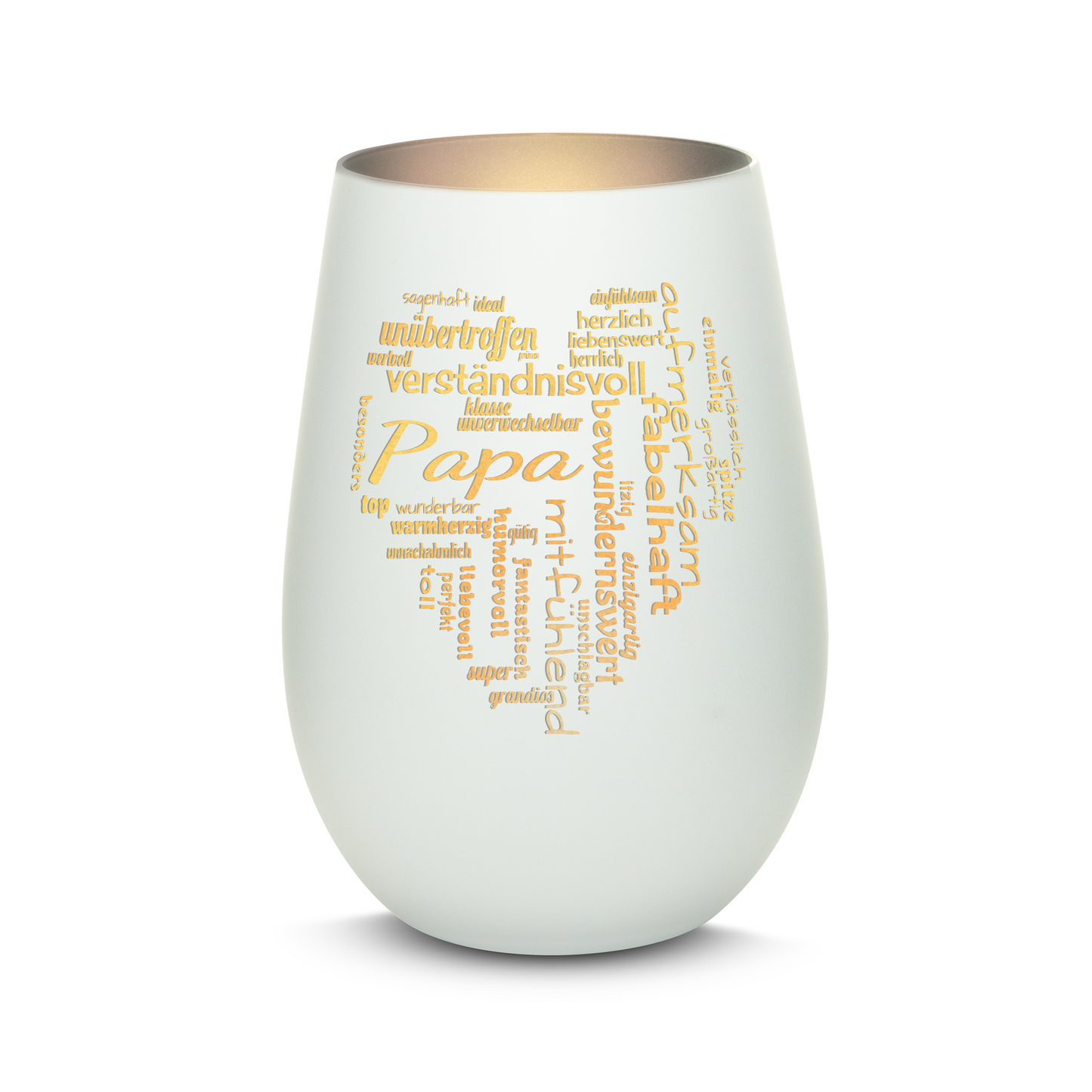 Hochwertiges Glas Windlicht mit Gravur "PAPA GROßES HERZ" in der Farbe Weiß/Silber