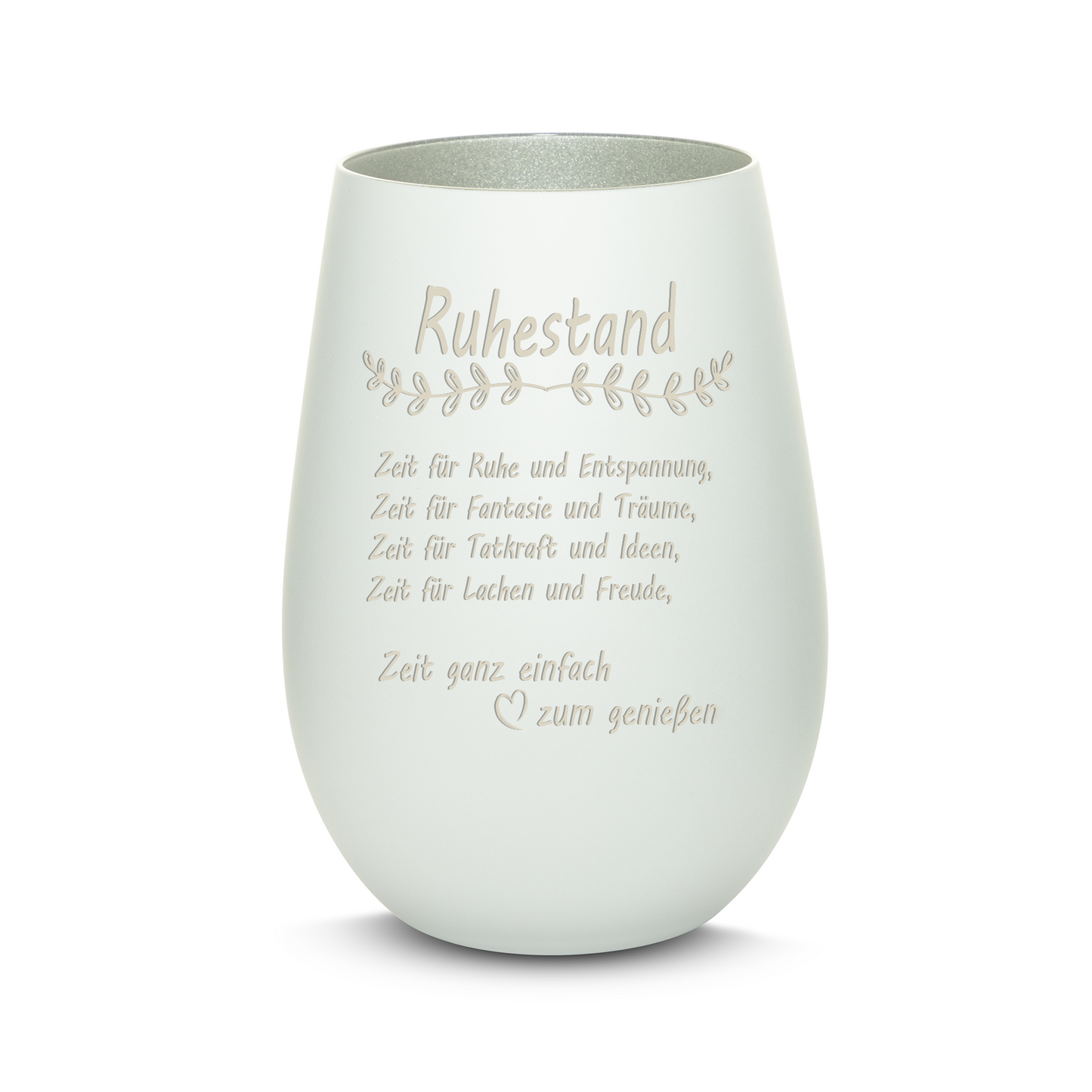 Hochwertiges Glas Windlicht mit Gravur "ALLES GUTE ZUM RUHESTAND" in der Farbe Weiß/Silber