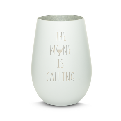 Hochwertiges Glas Windlicht mit Gravur "THE WINE IS CALLING" in der Farbe Weiß/Silber