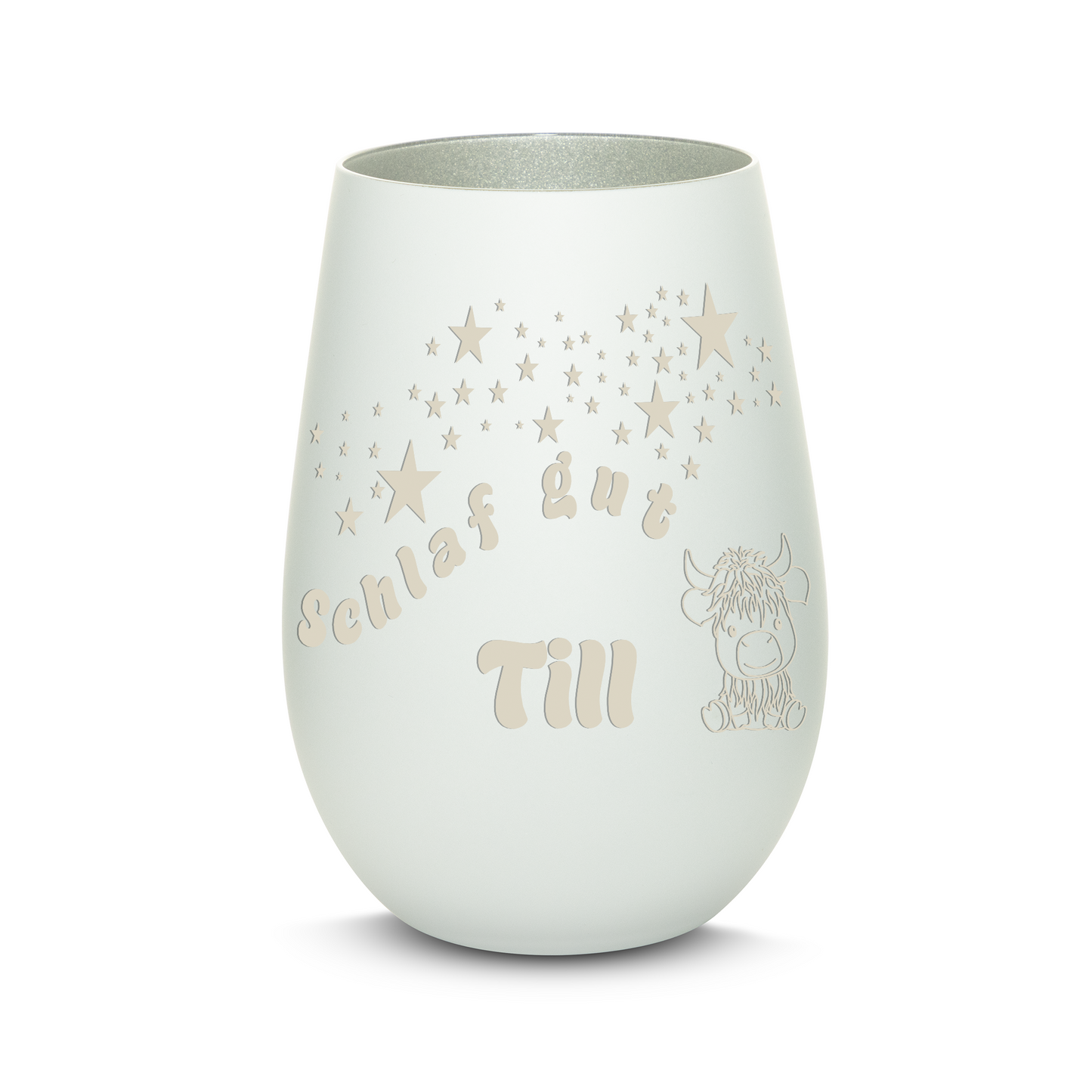 Hochwertiges Glas Windlicht für Kinder mit Gravur "SCHLAF GUT" Motiv Bison mit Wunschname in der Farbe Weiß/Silber