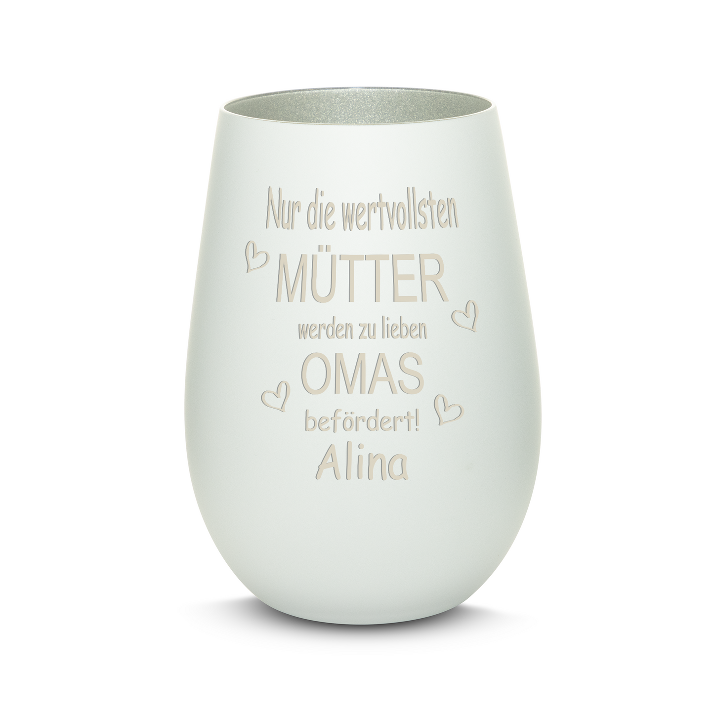 Hochwertiges Glas Windlicht mit Gravur "NUR DIE WERTVOLLSTEN MÜTTER WERDEN ZU LIEBEN OMAS" mit Wunschname in der Farbe Weiß/Silber