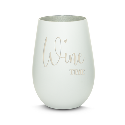 Hochwertiges Glas Windlicht mit Gravur "WINE TIME" in der Farbe Weiß/Silber