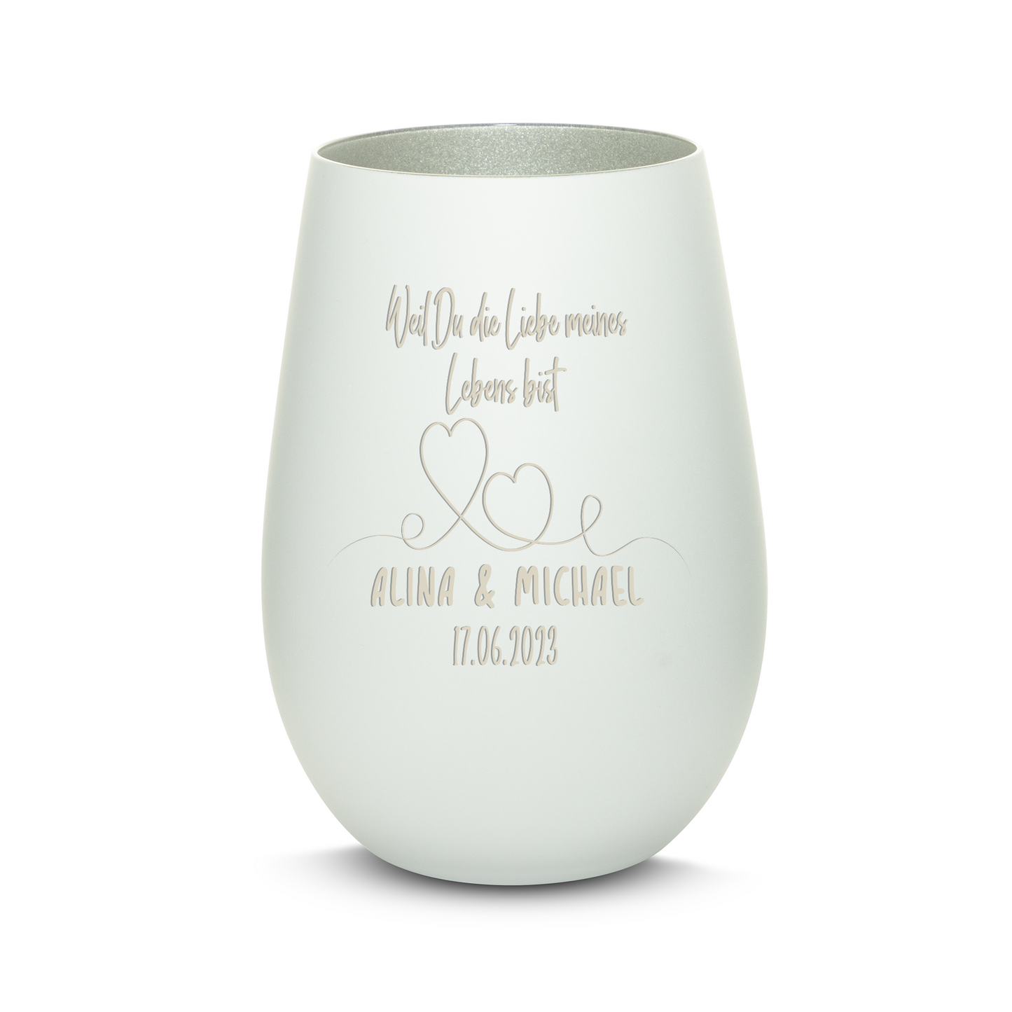 Hochwertiges Glas Windlicht mit Gravur "WEIL DU DIE LIEBE MEINES LEBENS BIST" mit Wunschnamen und Datum in der Farbe Weiß/Silber