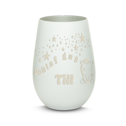Hochwertiges Glas Windlicht für Kinder mit Gravur "SCHLAF GUT" Motiv Zebra mit Wunschname in der Farbe Weiß/Silber