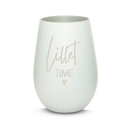 Hochwertiges Glas Windlicht mit Gravur "LILLET TIME" in der Farbe Weiß/Silber