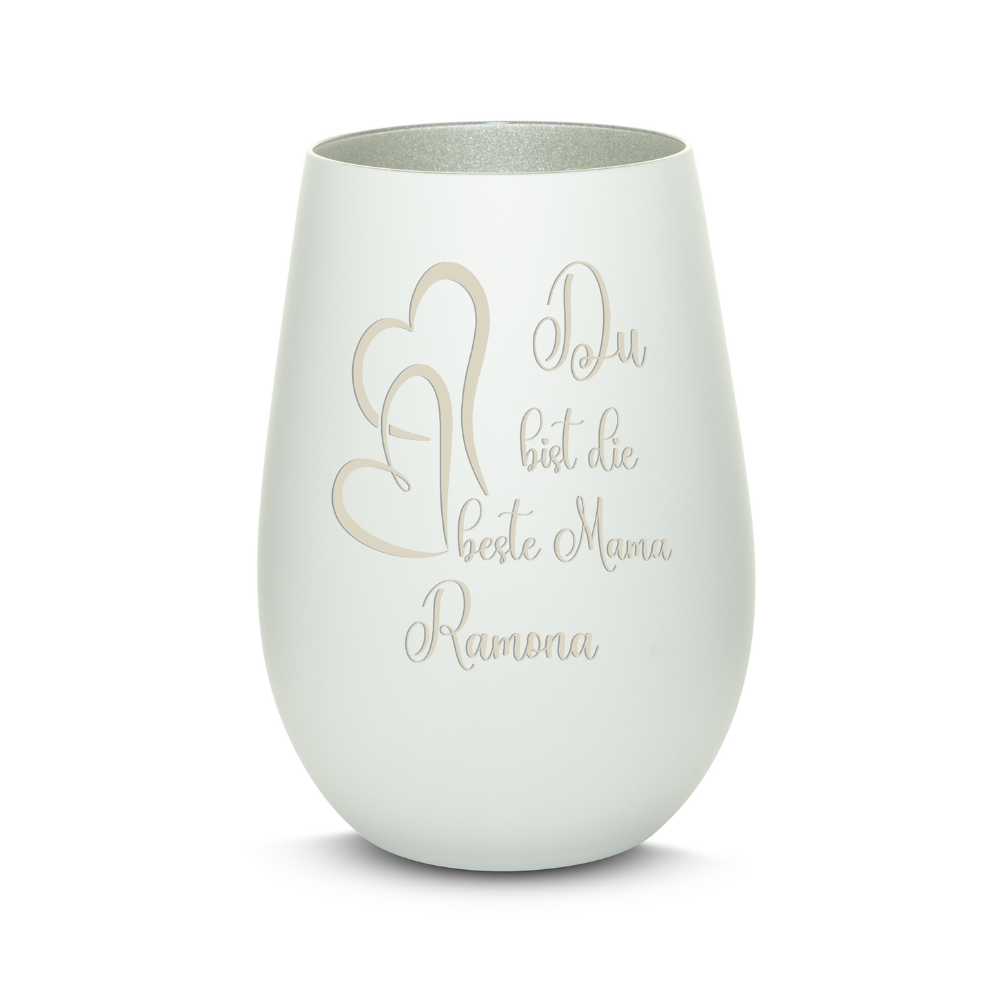 Hochwertiges Glas Windlicht mit Gravur "DU BIST DIE BESTE MAMA" mit Wunschname in der Farbe Weiß/Silber
