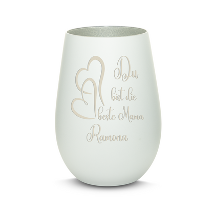 Hochwertiges Glas Windlicht mit Gravur "DU BIST DIE BESTE MAMA" mit Wunschname in der Farbe Weiß/Silber