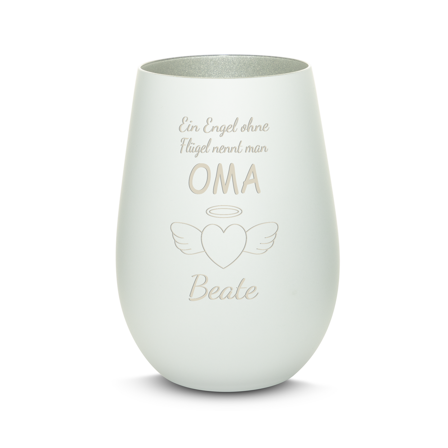 Hochwertiges Glas Windlicht mit Gravur "EIN ENGEL OHNE FLÜGEL NENNT MAN OMA" mit Wunschname in der Farbe Weiß/Silber
