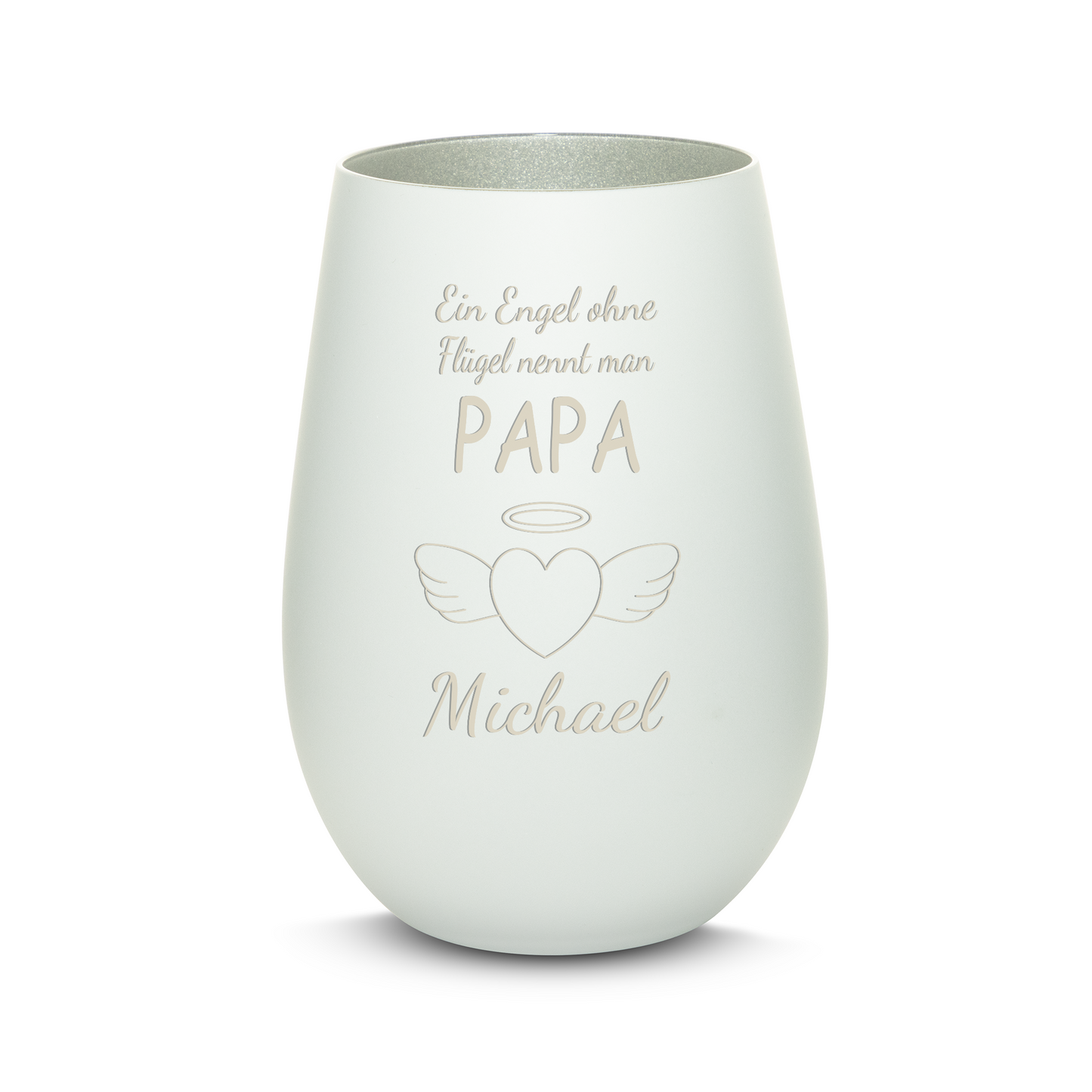 Hochwertiges Glas Windlicht mit Gravur "EIN ENGEL OHNE FLÜGEL NENNT MAN PAPA" mit Wunschname in der Farbe Weiß/Silber