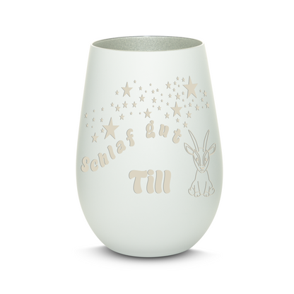 Hochwertiges Glas Windlicht für Kinder mit Gravur "SCHLAF GUT" Motiv Antilope mit Wunschname in der Farbe Weiß/Silber