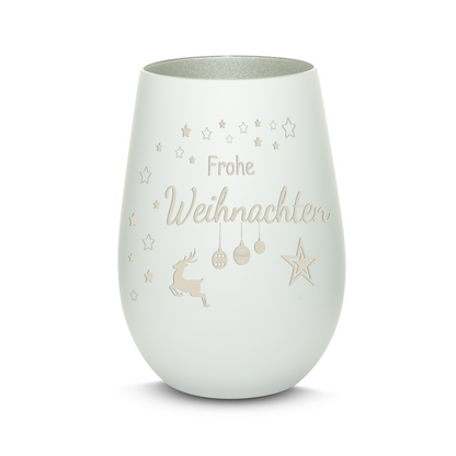 Hochwertiges Glas Windlicht mit Gravur "FROHE WEIHNACHTEN" in der Farbe Weiß/Silber