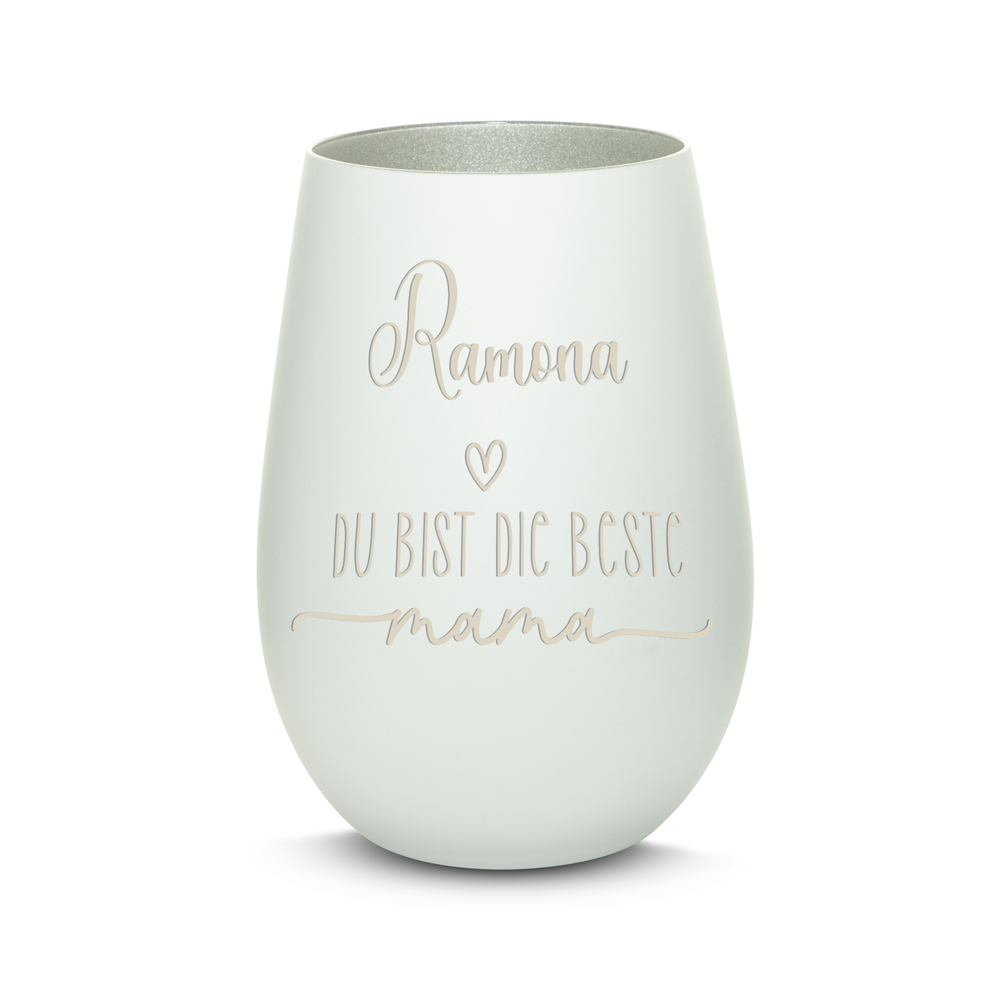 Hochwertiges Glas Windlicht mit Gravur "DIE BESTE MAMA" mit Wunschname in der Farbe Weiß/Silber
