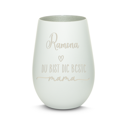 Hochwertiges Glas Windlicht mit Gravur "DIE BESTE MAMA" mit Wunschname in der Farbe Weiß/Silber