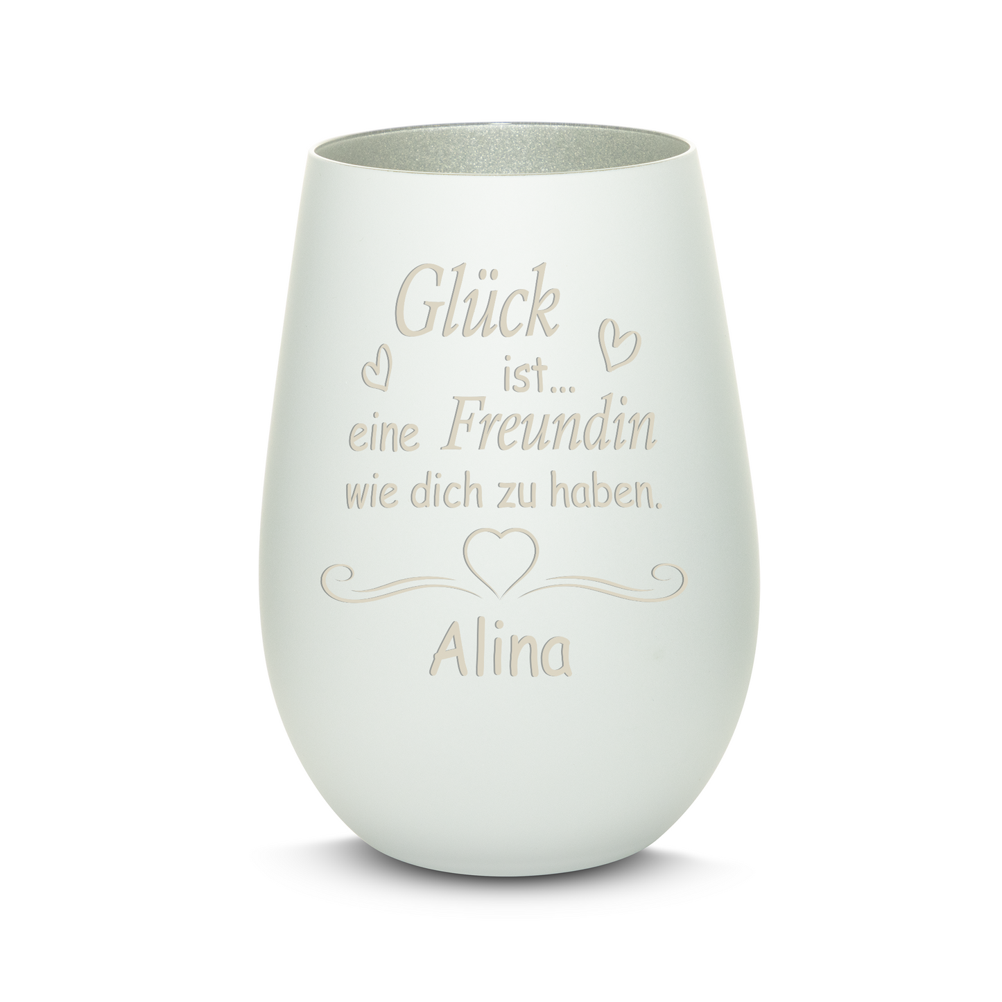 Hochwertiges Glas Windlicht mit Gravur "GLÜCK IST EINE FREUNDIN WIE DICH ZU HABEN" mit Wunschname in der Farbe Weiß/Silber