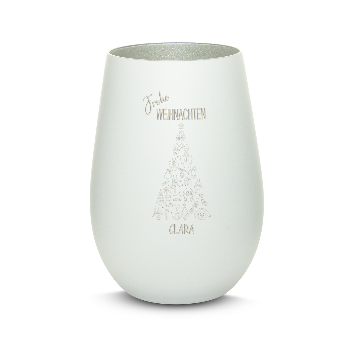 Hochwertiges Glas Windlicht mit Gravur "FROHE WEIHNACHTEN" mit Wunschname in der Farbe Weiß/Silber
