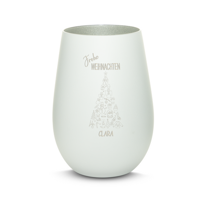 Hochwertiges Glas Windlicht mit Gravur "FROHE WEIHNACHTEN" mit Wunschname in der Farbe Weiß/Silber