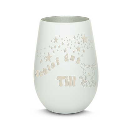 Hochwertiges Glas Windlicht für Kinder mit Gravur "SCHLAF GUT" Motiv Leopard mit Wunschname in der Farbe Weiß/Silber