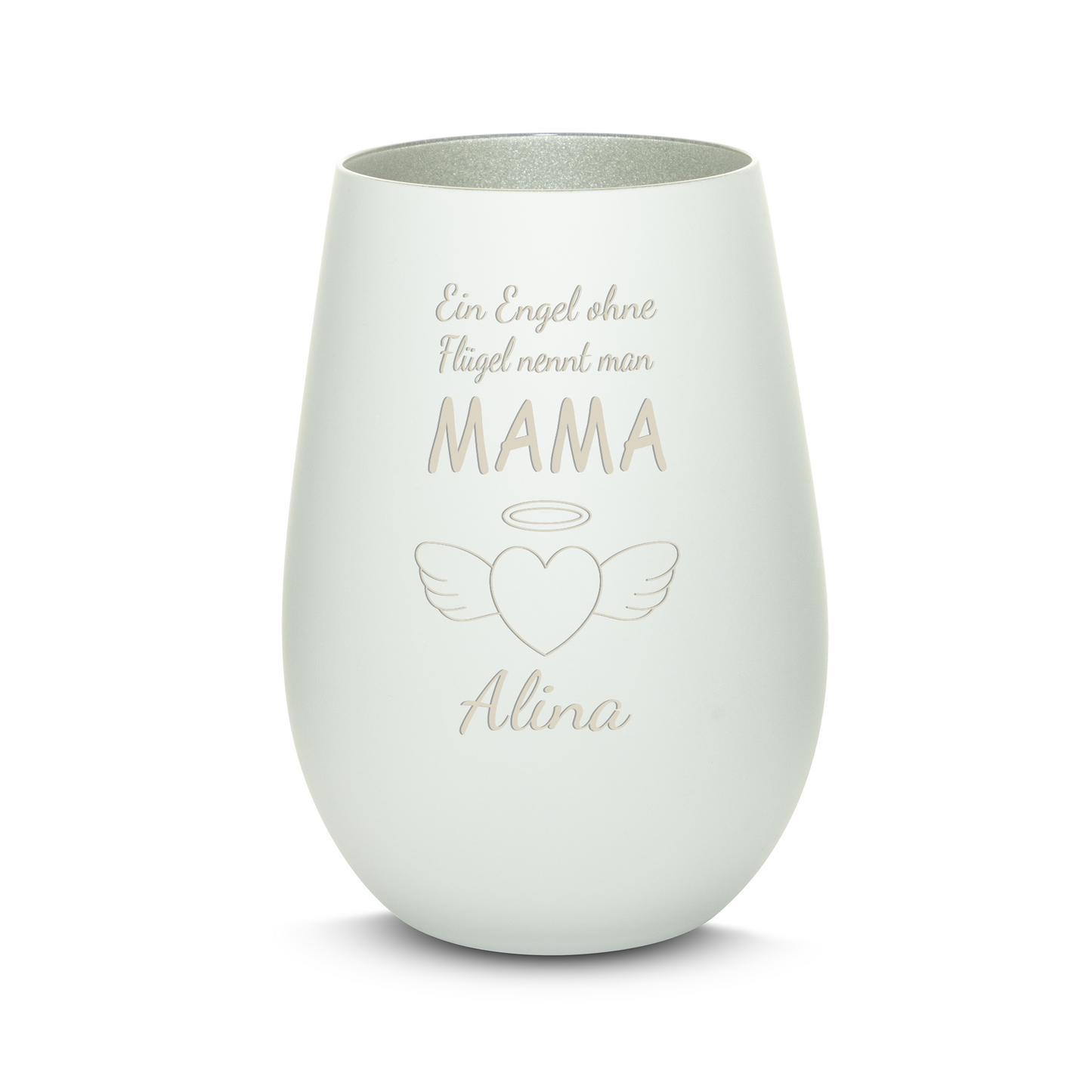 Hochwertiges Glas Windlicht mit Gravur "EIN ENGEL OHNE FLÜGEL NENNT MAN MAMA" mit Wunschname in der Farbe Weiß/Silber