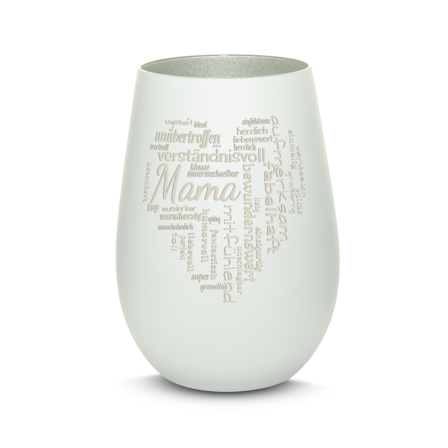 Hochwertiges Glas Windlicht mit Gravur "MAMA GROßES HERZ" in der Farbe Weiß/Silber