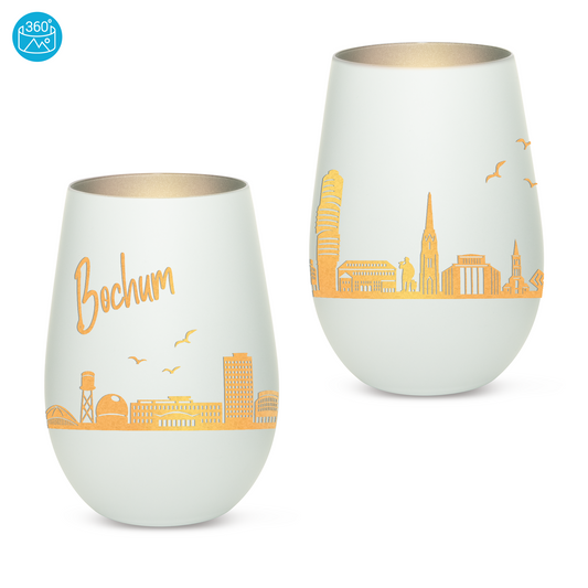 Hochwertiges Glas Windlicht mit Gravur "SKYLINE BOCHUM" in der Farbe Weiß/Silber
