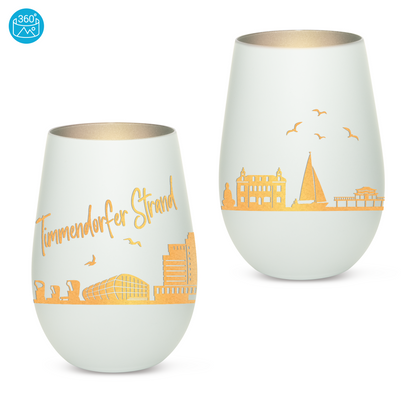 Hochwertiges Glas Windlicht mit Gravur "SKYLINE TIMMENDORFER STRAND" in der Farbe Weiß/Silber