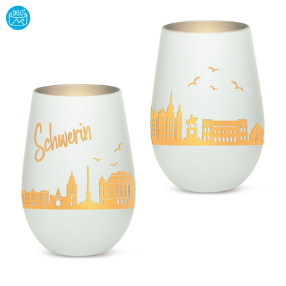 Hochwertiges Glas Windlicht mit Gravur "SKYLINE SCHWERIN" in der Farbe Weiß/Silber