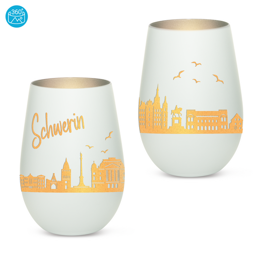 Hochwertiges Glas Windlicht mit Gravur "SKYLINE SCHWERIN" in der Farbe Weiß/Silber