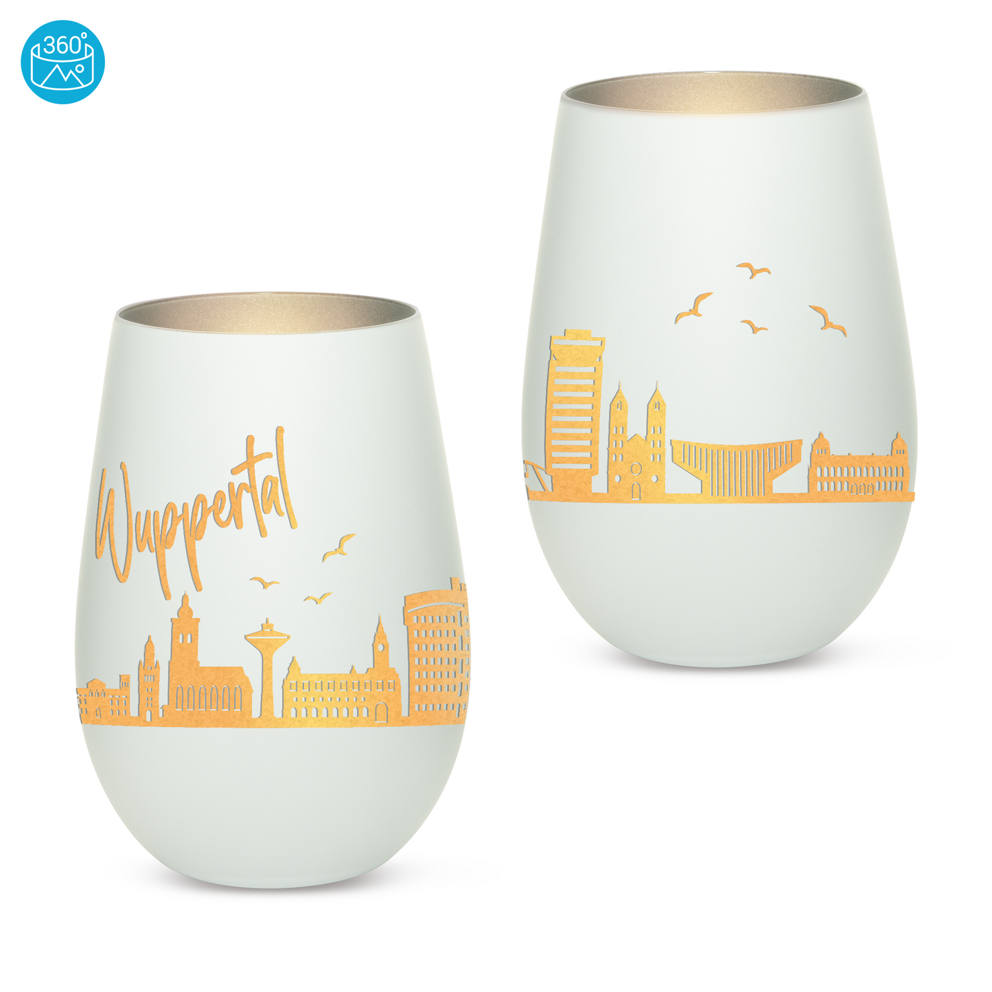 Hochwertiges Glas Windlicht mit Gravur "SKYLINE WUPPERTAL" in der Farbe Weiß/Silber