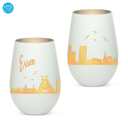 Hochwertiges Glas Windlicht mit Gravur "SKYLINE ESSEN" in der Farbe Weiß/Silber