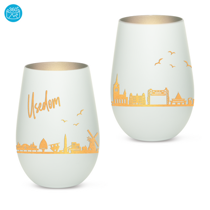Hochwertiges Glas Windlicht mit Gravur "SKYLINE USEDOM" in der Farbe Weiß/Silber