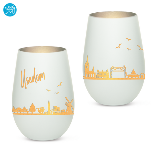 Hochwertiges Glas Windlicht mit Gravur "SKYLINE USEDOM" in der Farbe Weiß/Silber